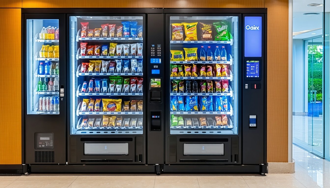 Modern snack and beverage vending machine in an office lobby