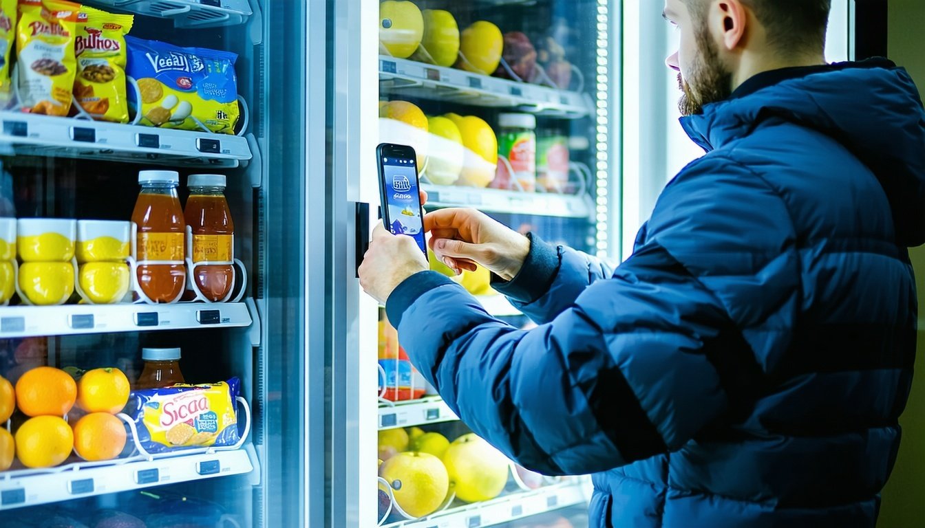 Technician restocking a vending machine with fresh products