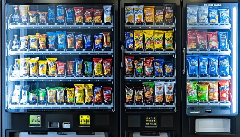 Iron Wake Distributors LLC vending machine stocked with snacks and beverages