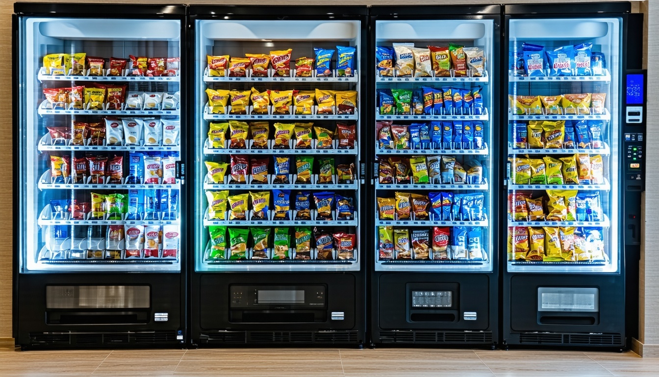 Modern vending machines stocked with a variety of snacks and drinks