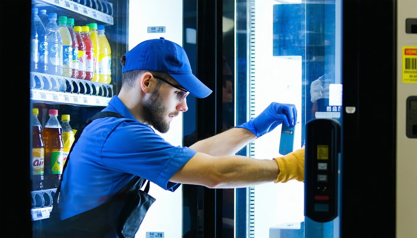 Vending machine technician performing maintenance
